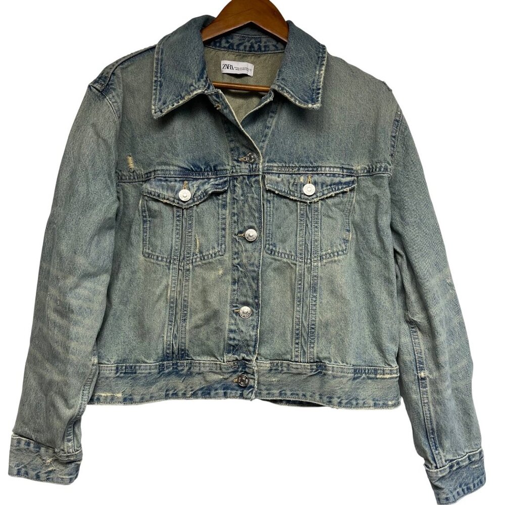 Zara Women's Denim Trucker Jacket Size XXL Distressed Grunge‎